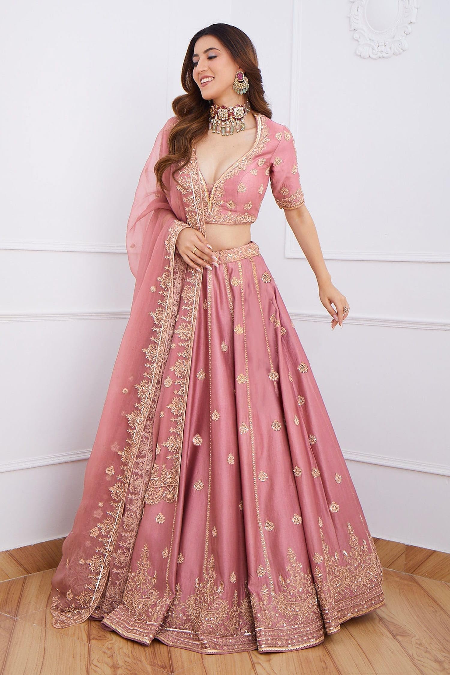 Women's Satin Embroidery Sequence Work Lehenga Choli Unstitch Blouse with Dupatta For Women (L257-DarkPeach-Semi-Stitch)