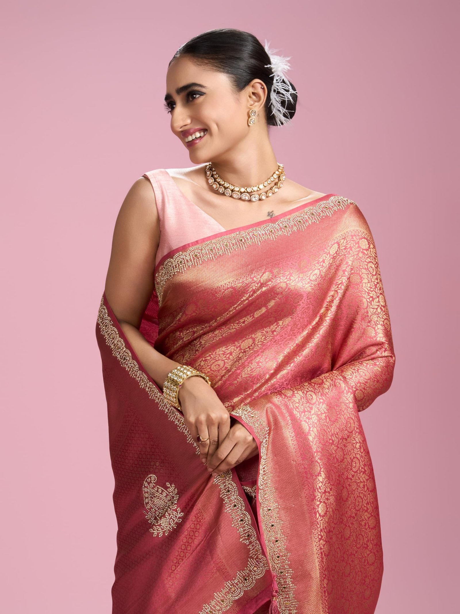 Women's Art Silk Mirror Work, Stone Work, Weave Saree with Blouse Piece(Coral)