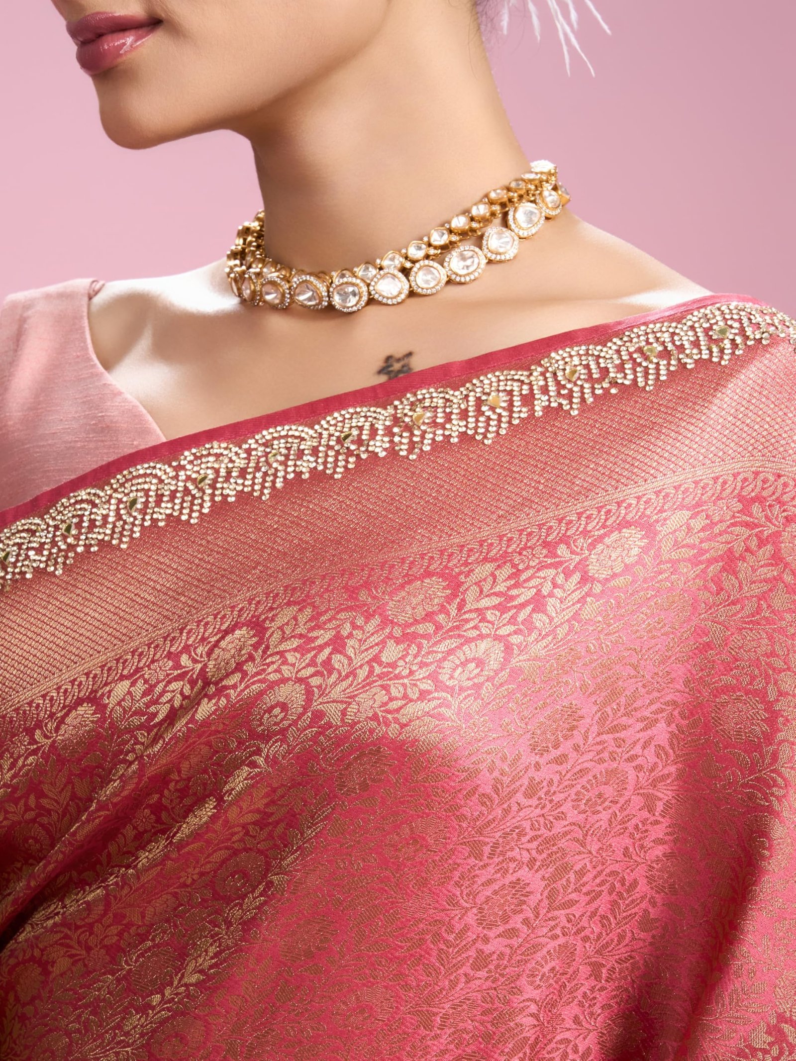 Women's Art Silk Mirror Work, Stone Work, Weave Saree with Blouse Piece(Coral)
