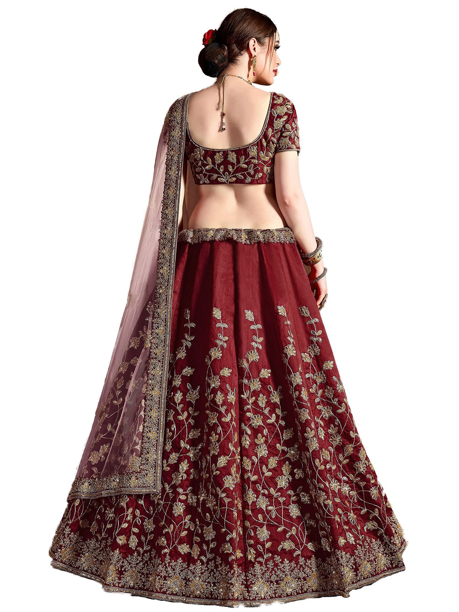 indian ready to wear silk flared bridal lehenga choli for women with stitched blouse and dupatta (8079-U), Maroon, 44