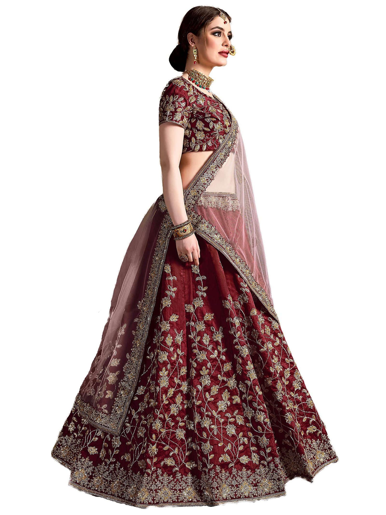 indian ready to wear silk flared bridal lehenga choli for women with stitched blouse and dupatta (8079-U), Maroon, 44