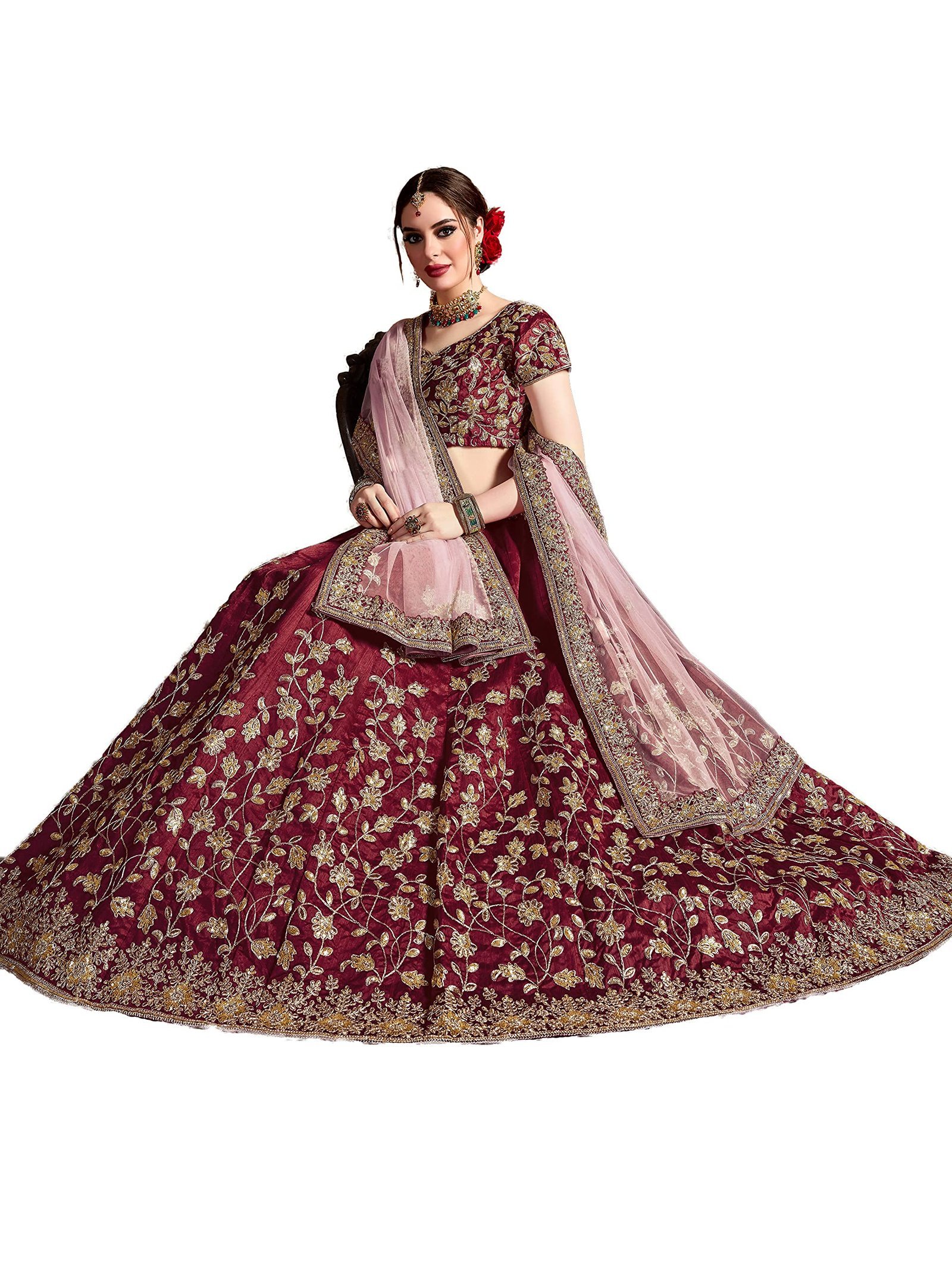 indian ready to wear silk flared bridal lehenga choli for women with stitched blouse and dupatta (8079-U), Maroon, 44