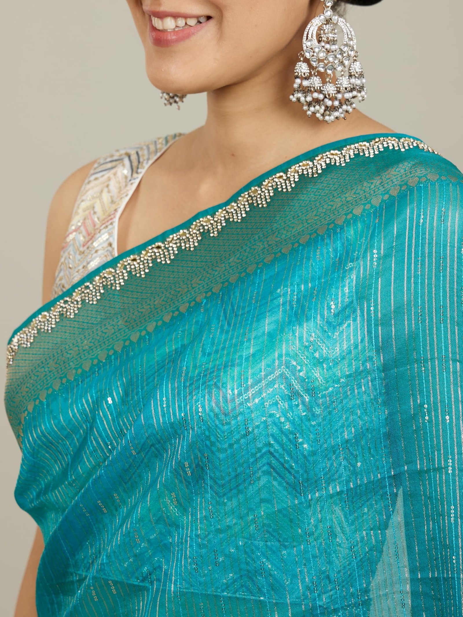 Women's Art Silk Mirror Work Zari Saree(Teal Blue)